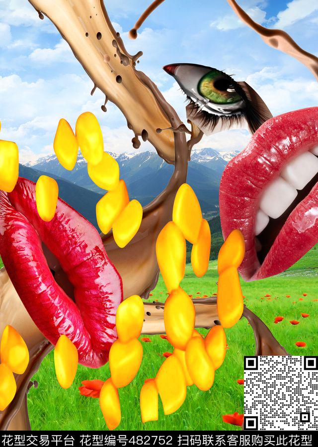 抽象抽象、五官、眼睛、嘴唇、红唇、风景、玉米粒、飞溅咖啡T恤衫数码印花华亿平台下载（图片编号: 482752） - 瓦栏（Walan）