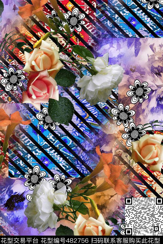 时尚女装花卉摄影动感线条数码印花华亿平台下载（图片编号: 482756） - 瓦栏（Walan）