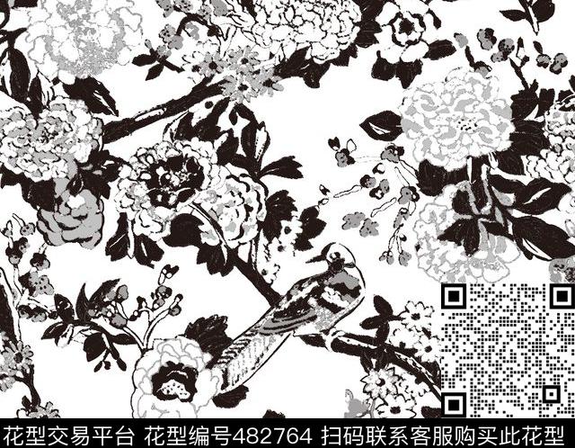 抽象花鸟黑灰数码印花华亿平台下载（图片编号: 482764） - 瓦栏（Walan）
