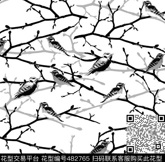 几何黑灰花鸟传统印花华亿平台下载（图片编号: 482765） - 瓦栏（Walan）
