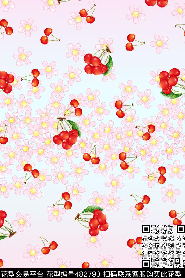 可爱樱花樱桃数码印花华亿平台下载（图片编号: 482793） - 瓦栏（Walan）