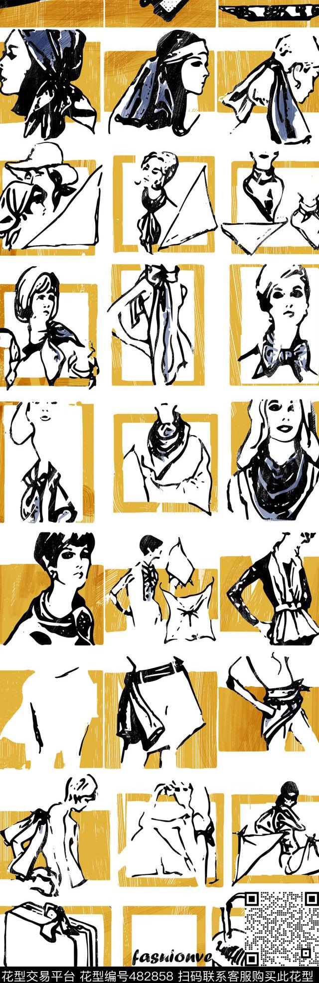 时尚丝巾人物传统印花华亿平台下载（图片编号: 482858） - 瓦栏（Walan）