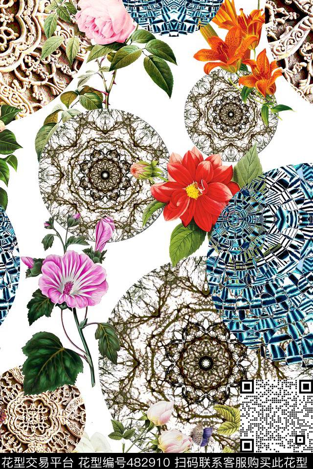 花朵复古蕾丝数码印花华亿平台下载（图片编号: 482910） - 瓦栏（Walan）