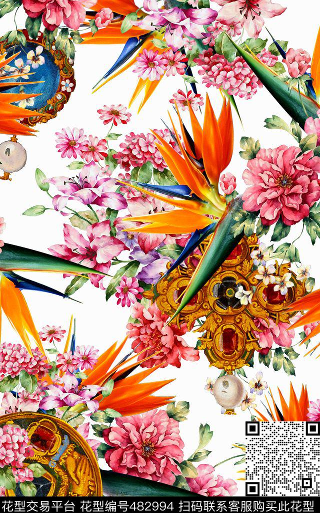 水彩画珠宝鹤望兰数码印花华亿平台下载（图片编号: 482994） - 瓦栏（Walan）