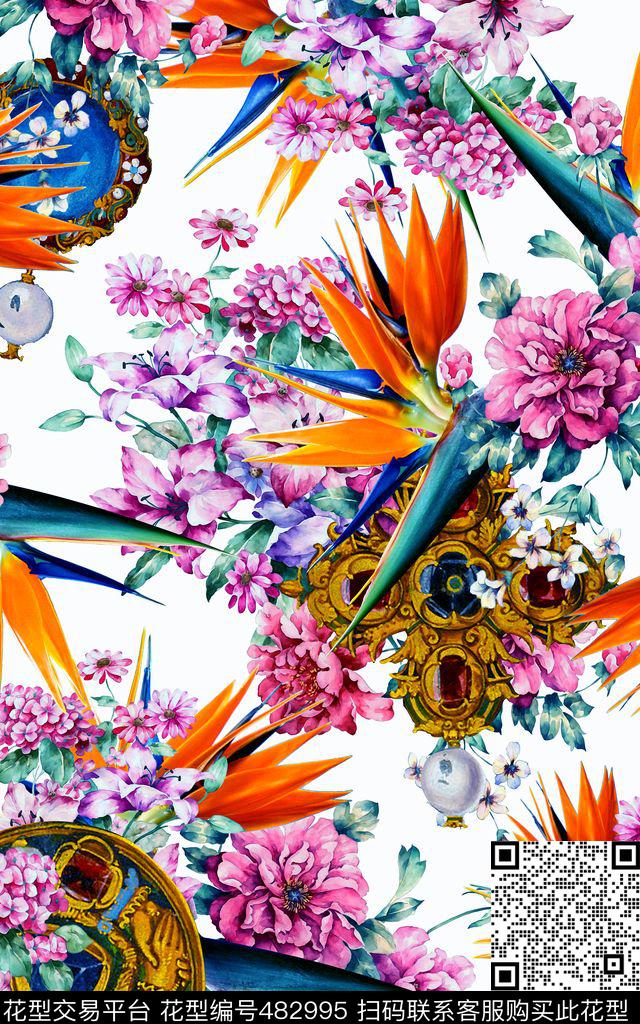 水彩画珠宝鹤望兰数码印花华亿平台下载（图片编号: 482995） - 瓦栏（Walan）