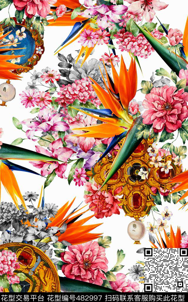 水彩画珠宝鹤望兰数码印花华亿平台下载（图片编号: 482997） - 瓦栏（Walan）