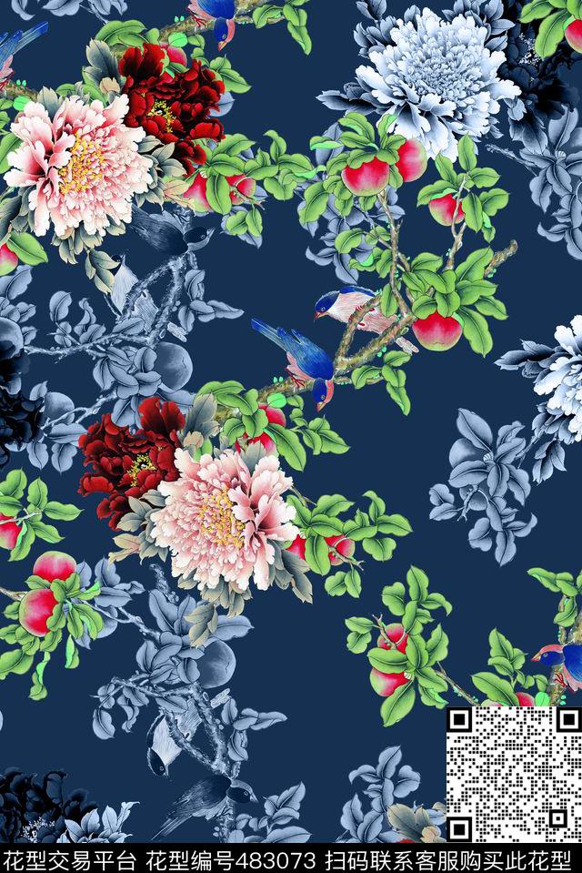 手绘中国风元素组合中国风花卉花鸟数码印花华亿平台下载（图片编号: 483073） - 瓦栏（Walan）