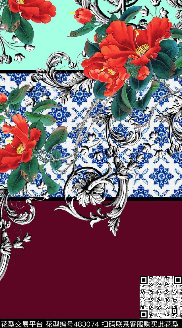 手绘中国风花卉大气定位几何图案、中国风花卉、纯色大气裁片定位数码印花华亿平台下载（图片编号: 483074） - 瓦栏（Walan）