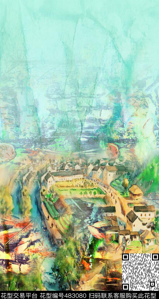 抽象风景手绘数码印花华亿平台下载（图片编号: 483080） - 瓦栏（Walan）