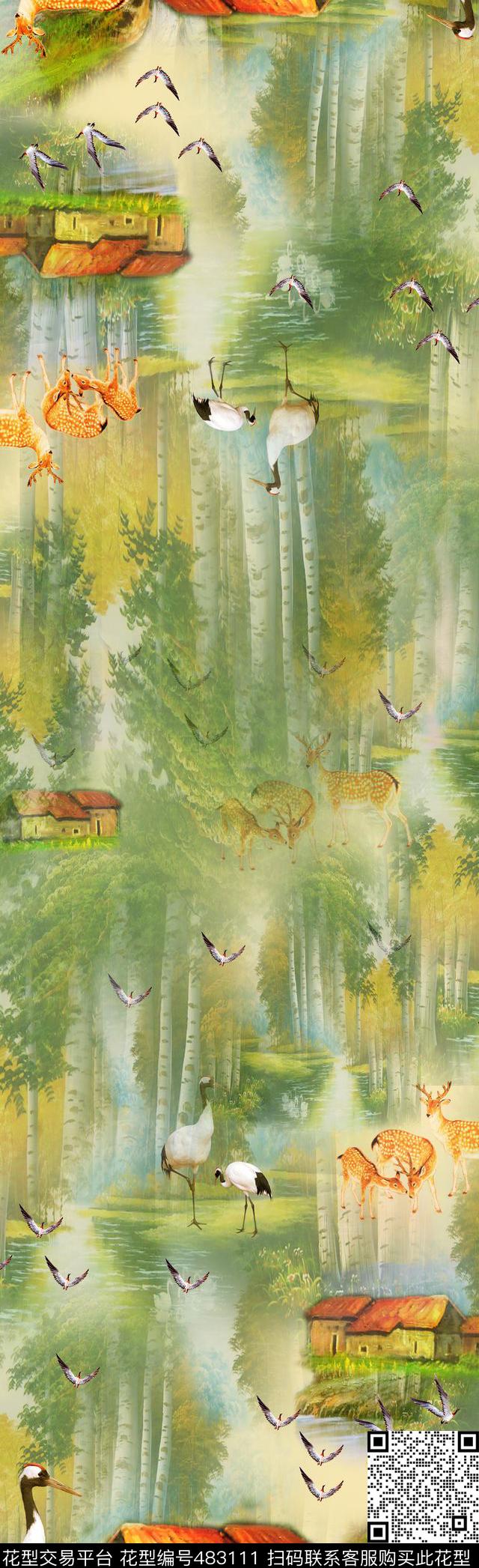 自然风景小鹿丹顶鹤数码印花华亿平台下载（图片编号: 483111） - 瓦栏（Walan）