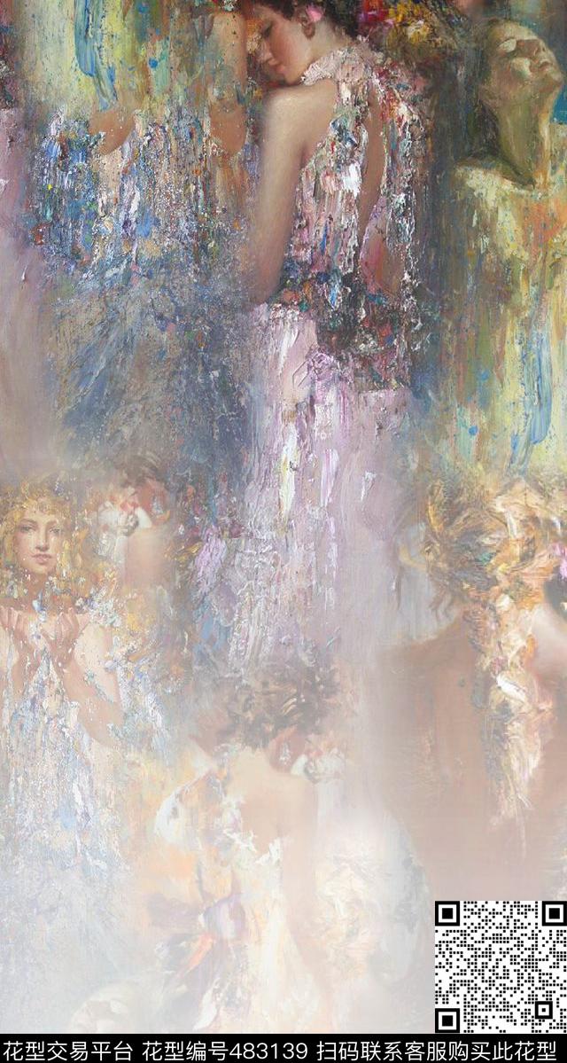 油画少女人物渐变数码印花华亿平台下载（图片编号: 483139） - 瓦栏（Walan）