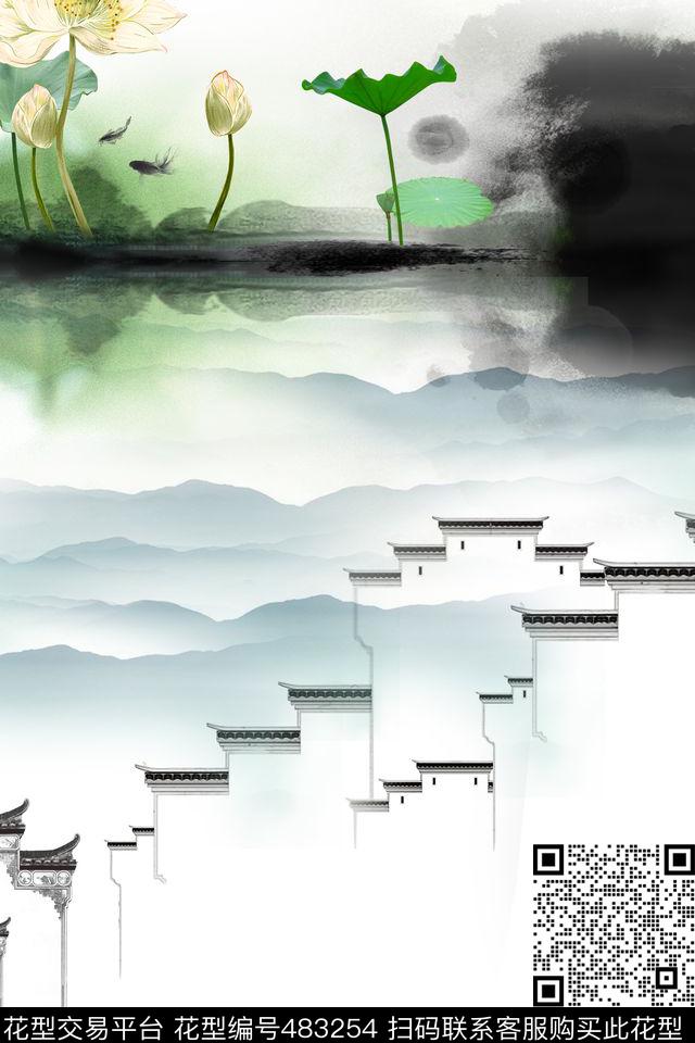荷花徽派建筑水墨画数码印花华亿平台下载（图片编号: 483254） - 瓦栏（Walan）