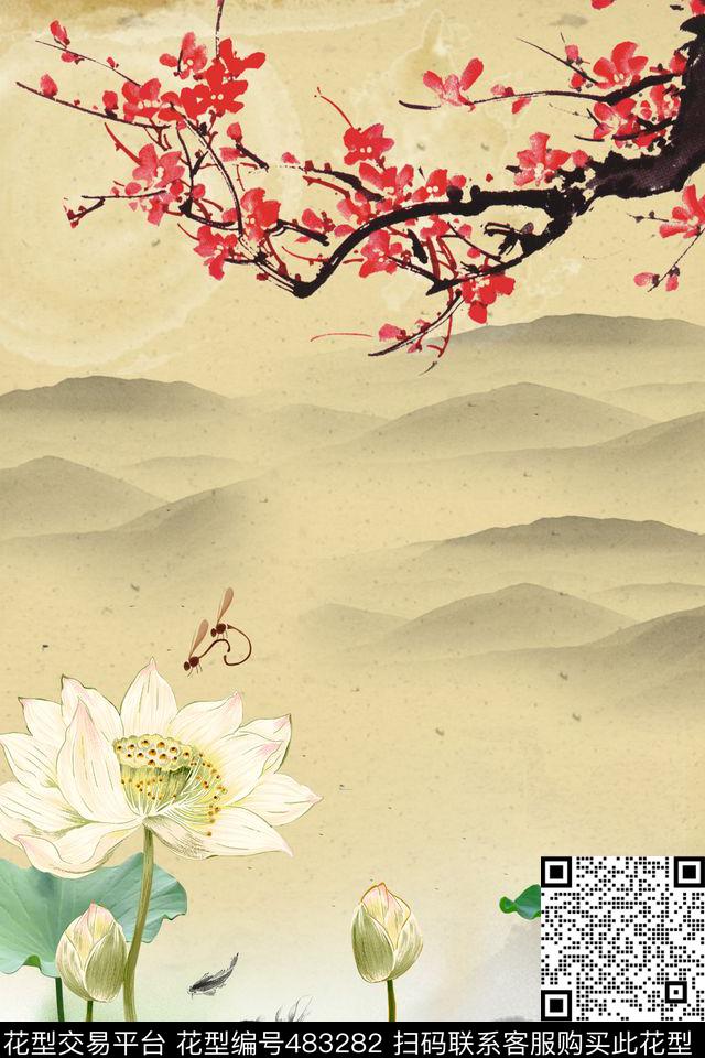 国画荷花腊梅数码印花华亿平台下载（图片编号: 483282） - 瓦栏（Walan）