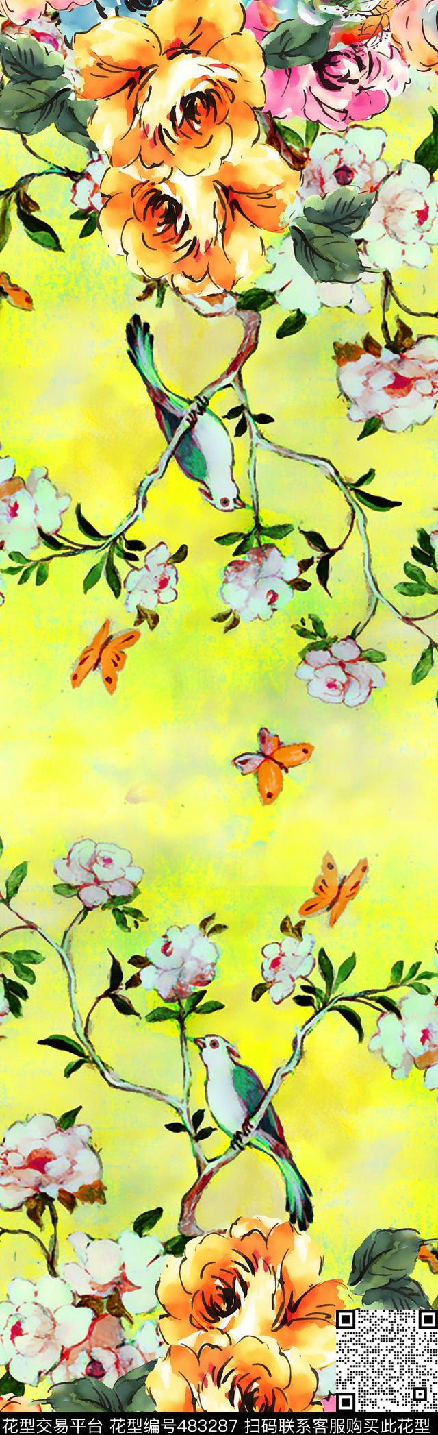 写意花鸟树枝花数码印花华亿平台下载（图片编号: 483287） - 瓦栏（Walan）