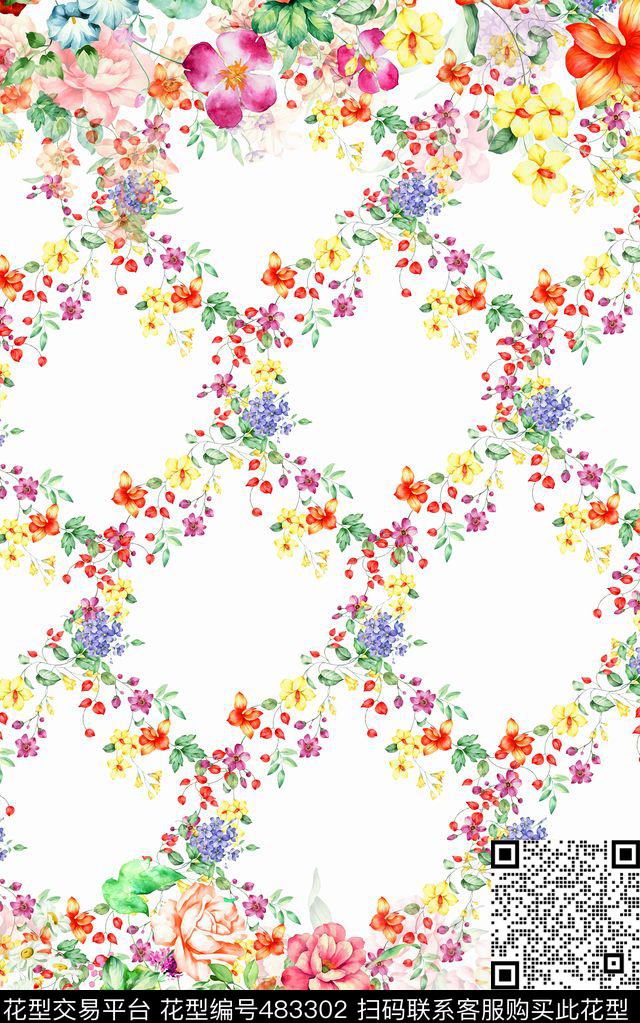 几何千鸟格花卉数码印花华亿平台下载（图片编号: 483302） - 瓦栏（Walan）