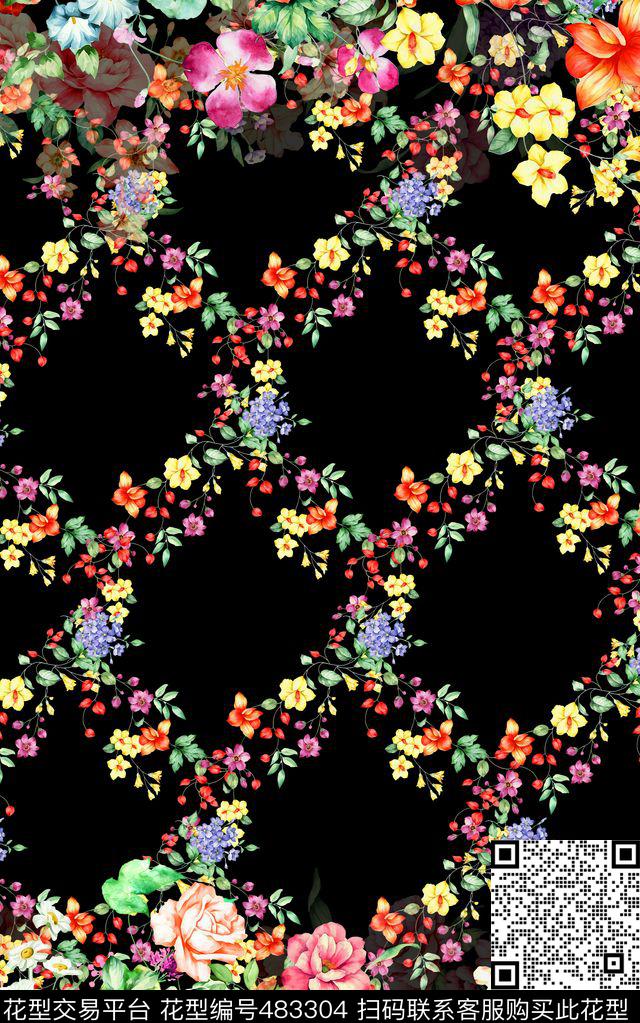 几何千鸟格花卉数码印花华亿平台下载（图片编号: 483304） - 瓦栏（Walan）