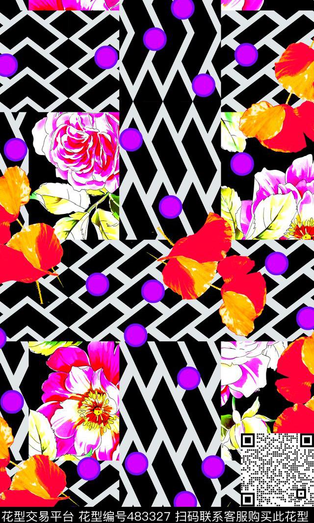 写意花卉波点几何图案数码印花华亿平台下载（图片编号: 483327） - 瓦栏（Walan）