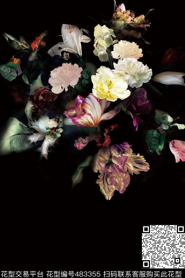 花卉定位叶子数码印花华亿平台下载（图片编号: 483355） - 瓦栏（Walan）