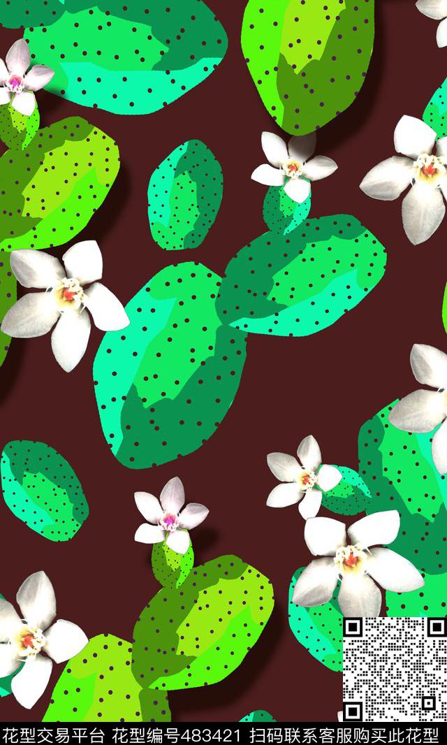 自然写意花仙人掌数码印花华亿平台下载（图片编号: 483421） - 瓦栏（Walan）