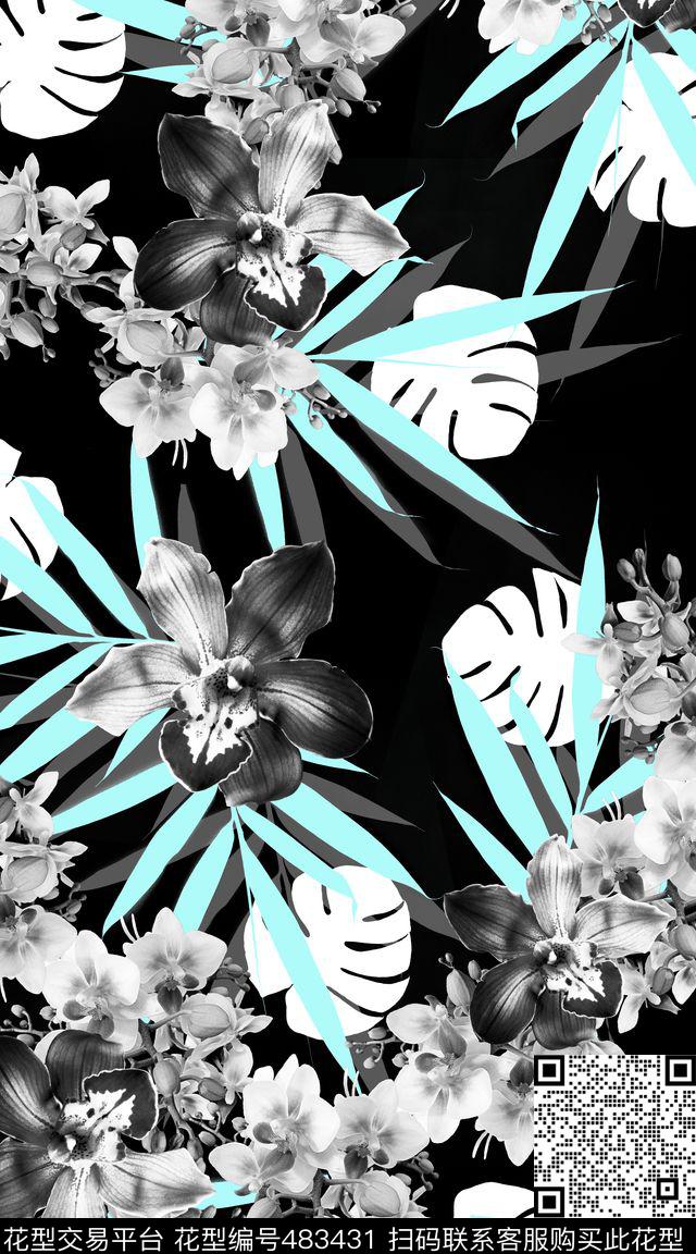 创意黑白花卉绚丽花园数码印花华亿平台下载（图片编号: 483431） - 瓦栏（Walan）
