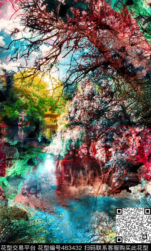 抽象彩色渐变、抽象、树枝剪影数码印花华亿平台下载（图片编号: 483432） - 瓦栏（Walan）