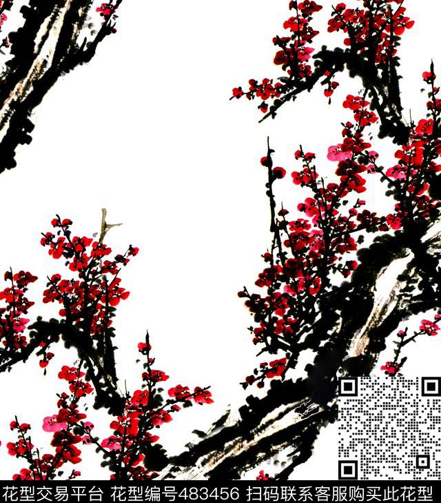 传统水墨花卉梅花数码印花华亿平台下载（图片编号: 483456） - 瓦栏（Walan）