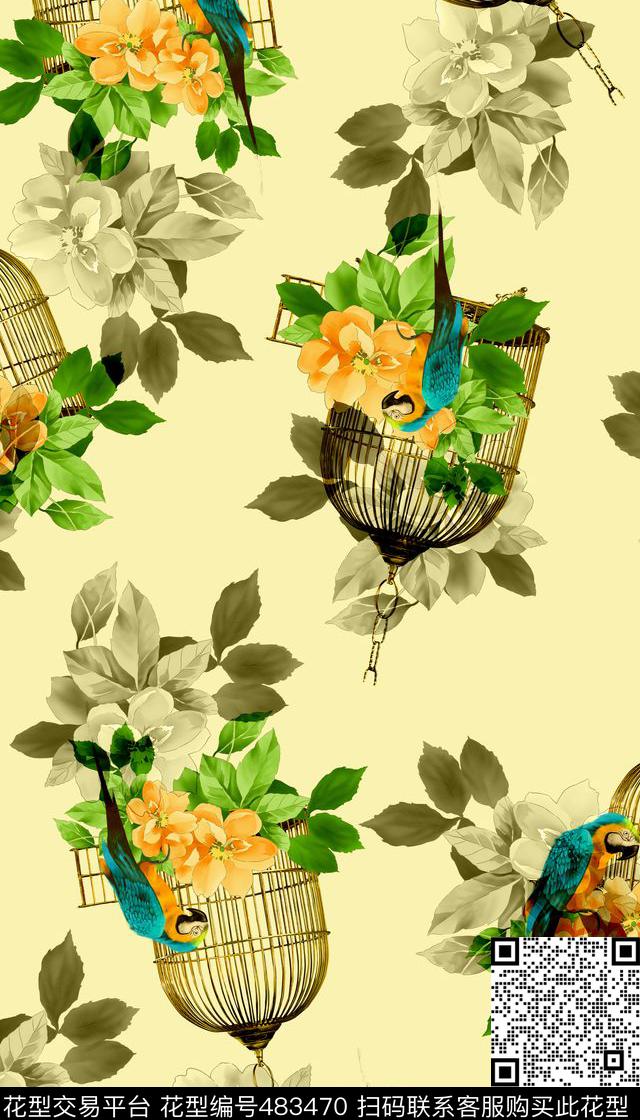 清新鸟笼花卉数码印花华亿平台下载（图片编号: 483470） - 瓦栏（Walan）