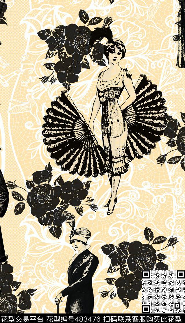 清新蕾丝欧洲贵妇数码印花华亿平台下载（图片编号: 483476） - 瓦栏（Walan）