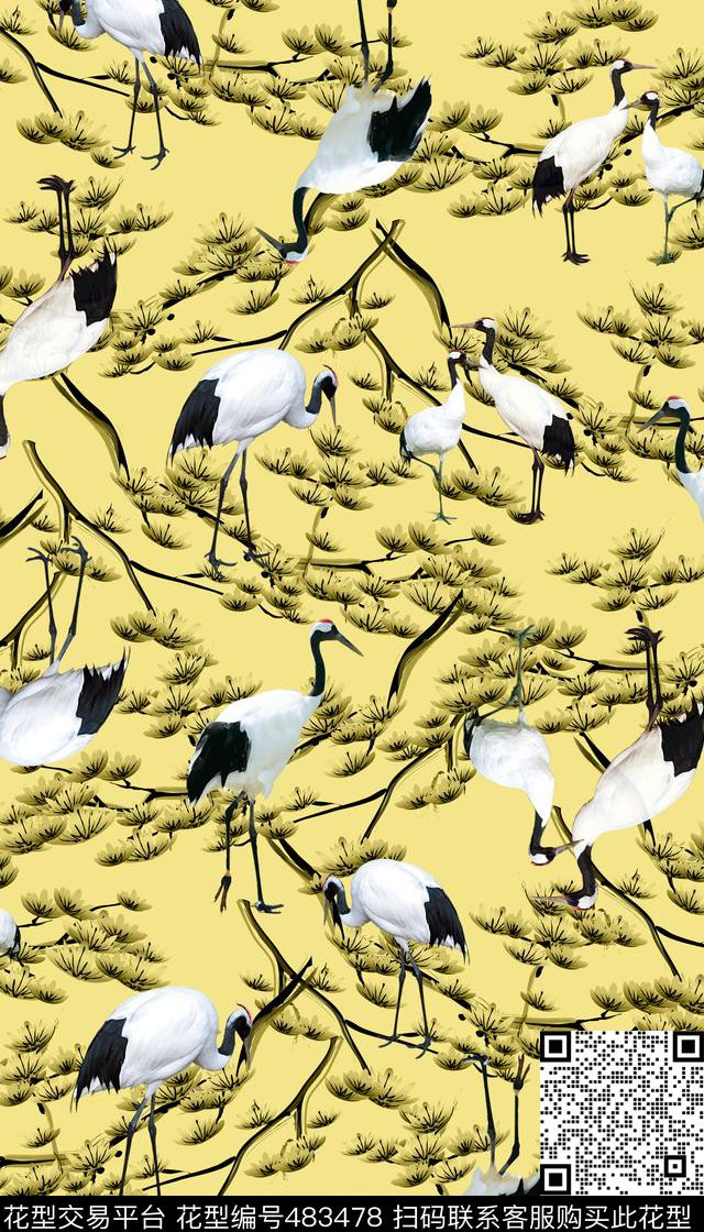中国风丹顶鹤松枝数码印花华亿平台下载（图片编号: 483478） - 瓦栏（Walan）