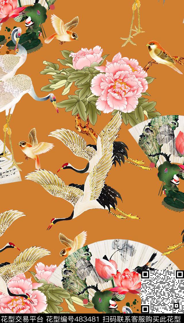 中国风丹顶鹤牡丹数码印花华亿平台下载（图片编号: 483481） - 瓦栏（Walan）