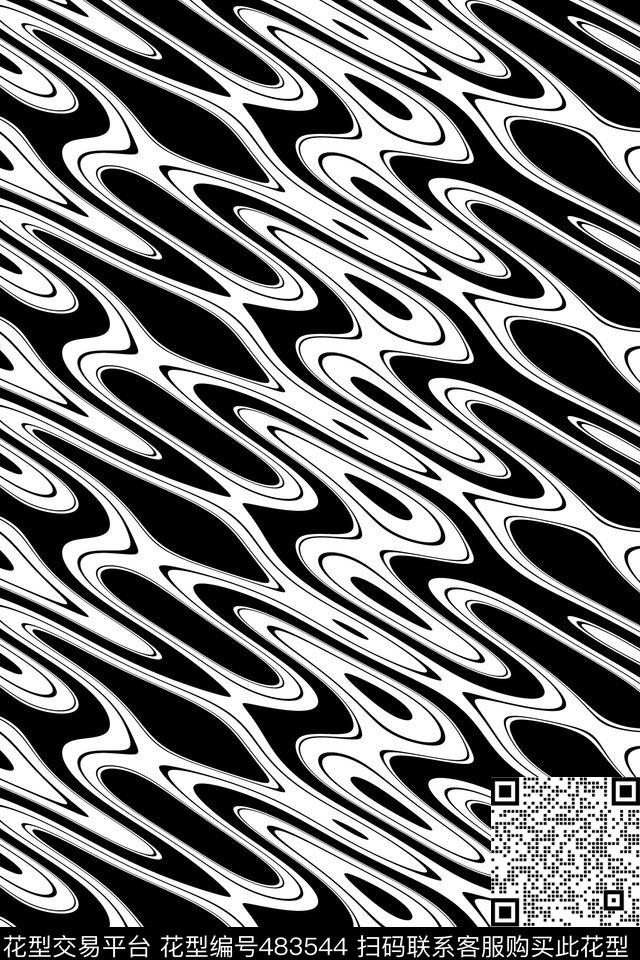 抽象水波纹黑白传统印花华亿平台下载（图片编号: 483544） - 瓦栏（Walan）