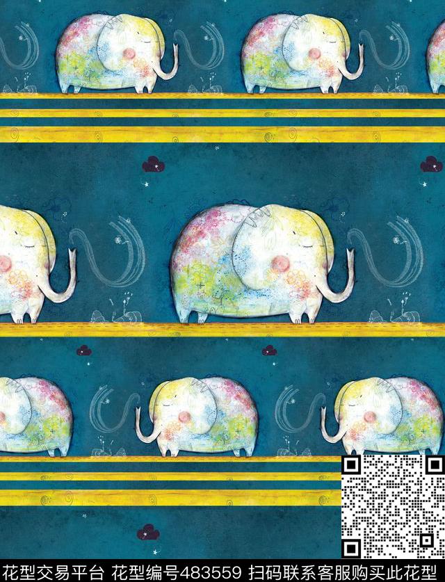 流行时尚欧美手绘横条纹小象数码印花华亿平台下载（图片编号: 483559） - 瓦栏（Walan）