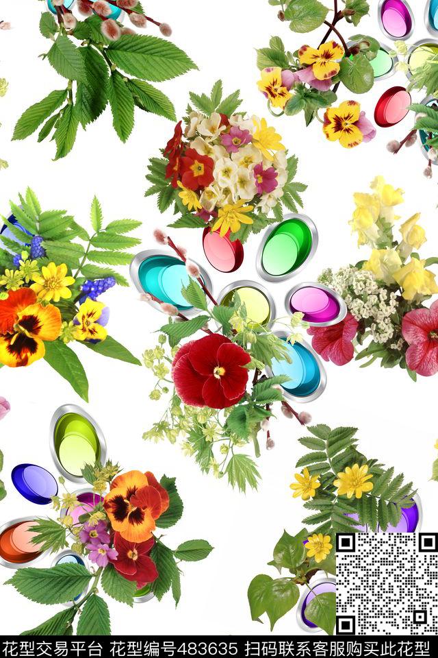 流行时尚珠宝清爽花朵五光十色珠宝流行时尚花卉数码印花华亿平台下载（图片编号: 483635） - 瓦栏（Walan）