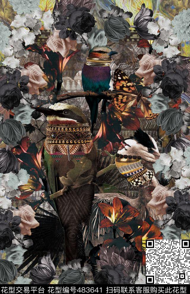 时尚花鸟大牌数码印花华亿平台下载（图片编号: 483641） - 瓦栏（Walan）