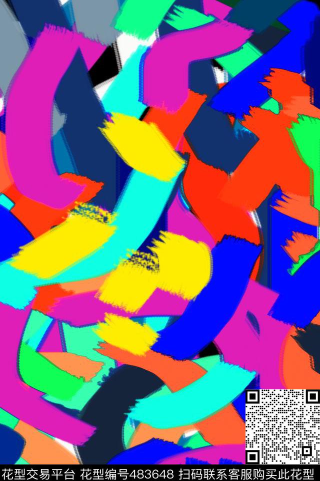 色带条纹手绘数码印花华亿平台下载（图片编号: 483648） - 瓦栏（Walan）