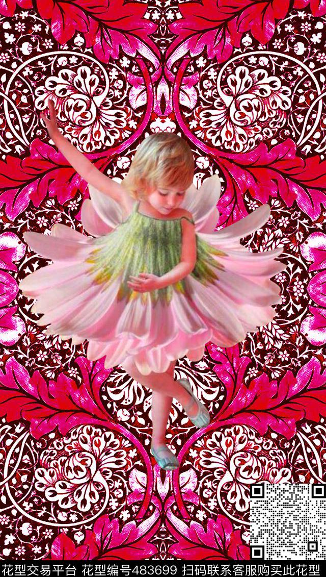 流行时尚手绘左右对称幻纹花朵孩童童装数码印花华亿平台下载（图片编号: 483699） - 瓦栏（Walan）
