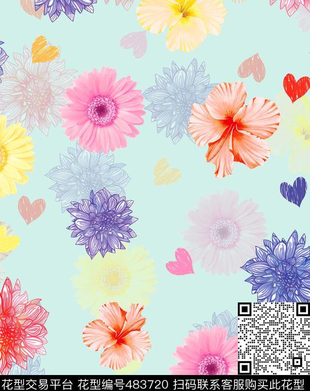 流行时尚手绘小清晰花卉欧美数码印花华亿平台下载（图片编号: 483720） - 瓦栏（Walan）