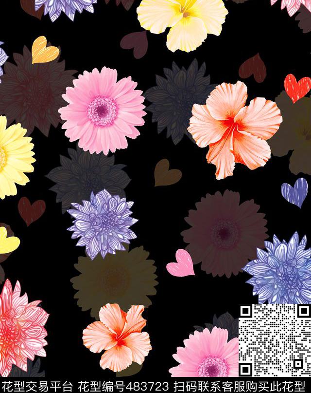 流行时尚手绘小清晰花卉欧美数码印花华亿平台下载（图片编号: 483723） - 瓦栏（Walan）