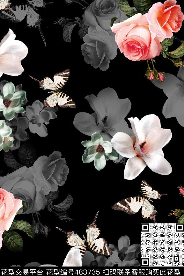 时尚优雅花卉蝴蝶数码印花华亿平台下载（图片编号: 483735） - 瓦栏（Walan）