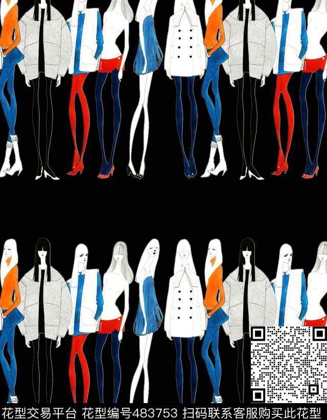 流行时尚手绘时装模特条纹数码印花华亿平台下载（图片编号: 483753） - 瓦栏（Walan）