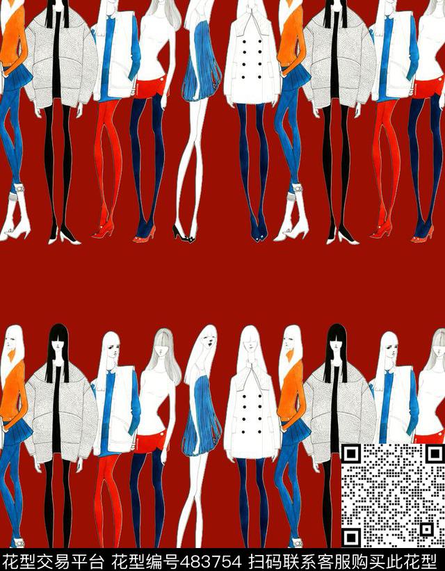 流行时尚手绘时装模特条纹数码印花华亿平台下载（图片编号: 483754） - 瓦栏（Walan）