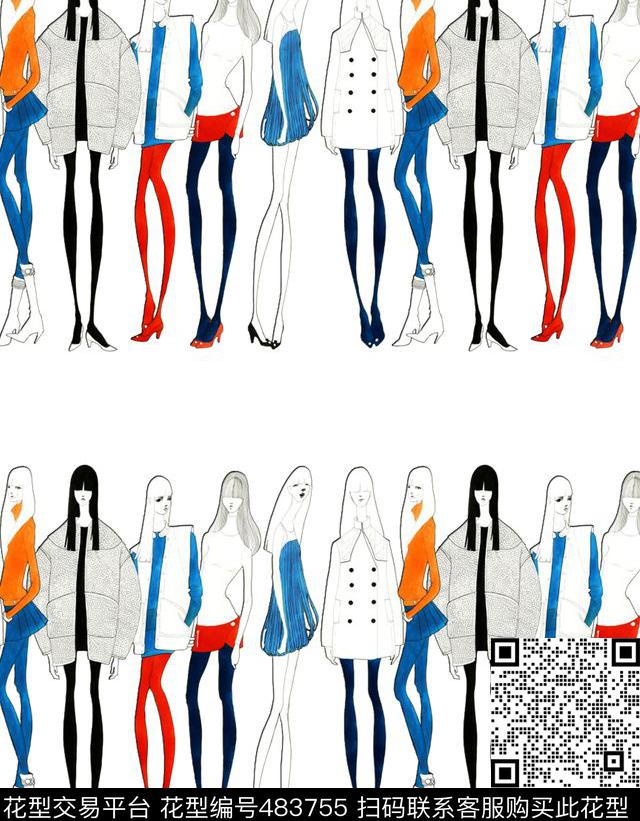 流行时尚手绘时装模特条纹数码印花华亿平台下载（图片编号: 483755） - 瓦栏（Walan）