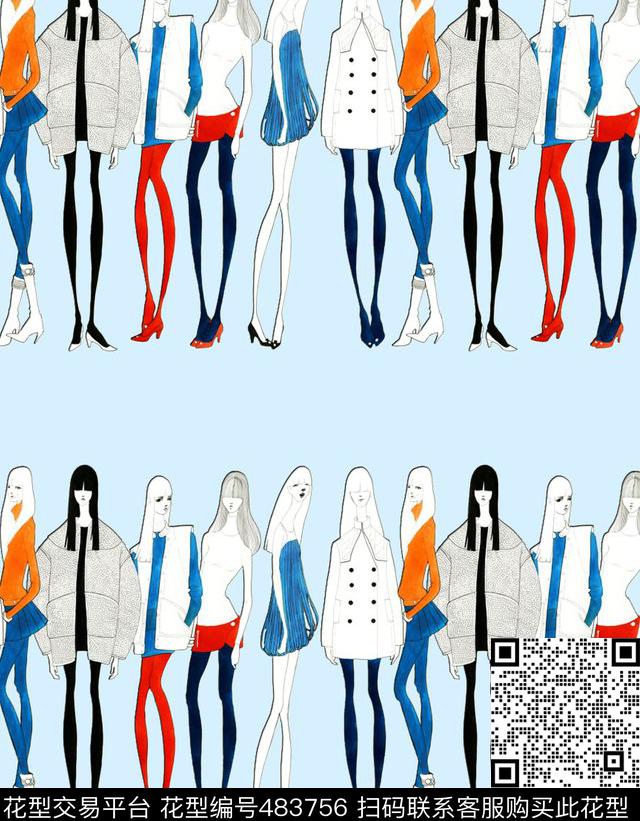 流行时尚手绘时装模特条纹数码印花华亿平台下载（图片编号: 483756） - 瓦栏（Walan）