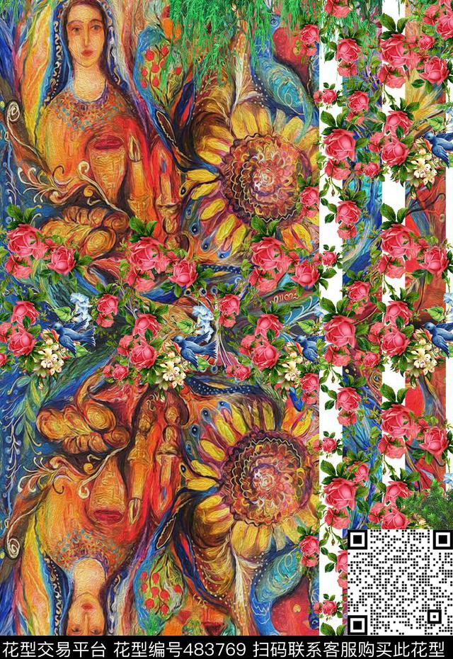 时尚玫瑰花卉数码印花华亿平台下载（图片编号: 483769） - 瓦栏（Walan）