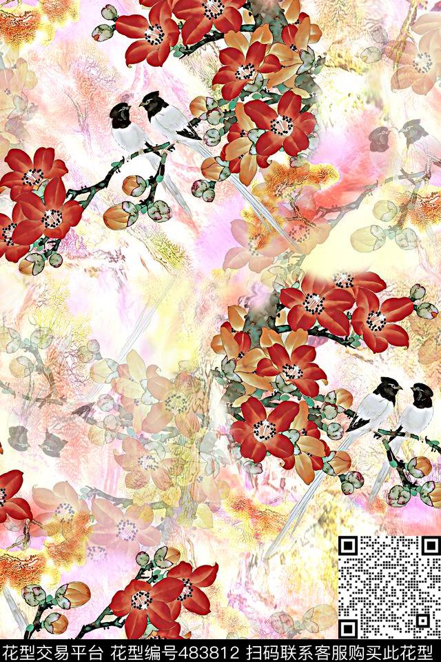 手绘花鸟花鸟手绘数码印花华亿平台下载（图片编号: 483812） - 瓦栏（Walan）