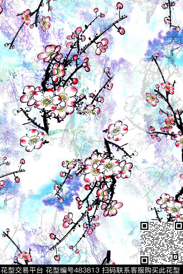 手绘梅花丝绸面料数码印花华亿平台下载（图片编号: 483813） - 瓦栏（Walan）