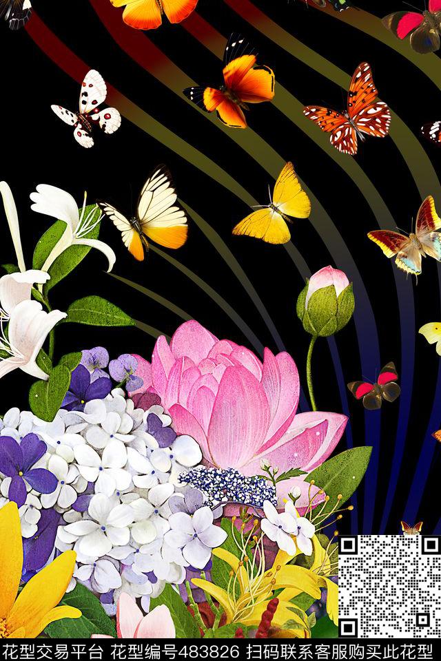 写意花朵蝴蝶数码印花华亿平台下载（图片编号: 483826） - 瓦栏（Walan）