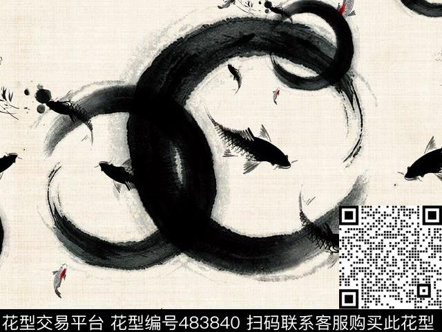 中式墨水鱼儿数码印花华亿平台下载（图片编号: 483840） - 瓦栏（Walan）