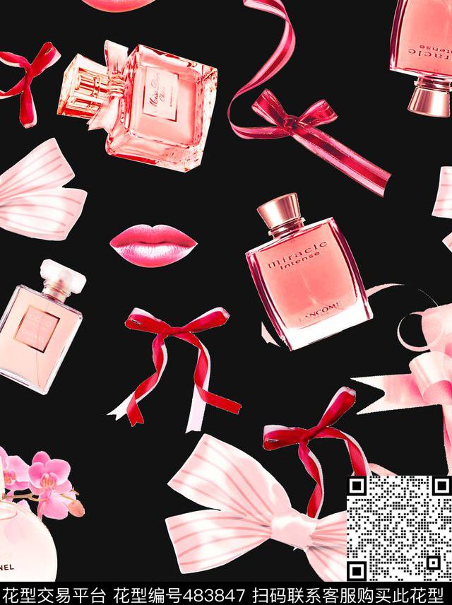流行时尚欧美手绘香水蝴蝶结数码印花华亿平台下载（图片编号: 483847） - 瓦栏（Walan）