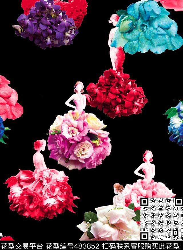 流行时尚手绘如花女人欧美数码印花华亿平台下载（图片编号: 483852） - 瓦栏（Walan）